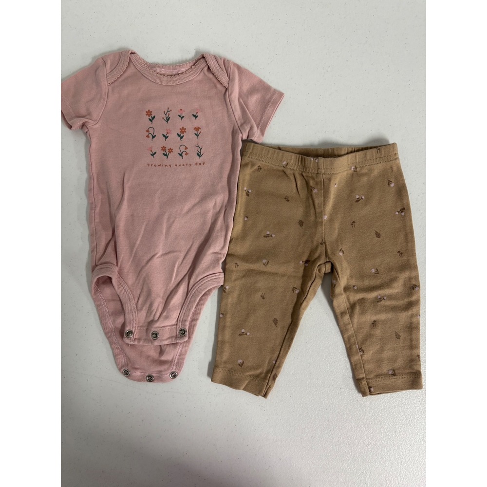 Carters Just One You Baby Girls 6M Pink Floral Bodysuit & Tan Floral Pants Set